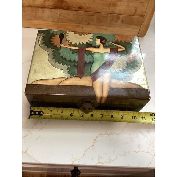 Vintage Art Nouveau Wood Lacquer Jewelry Box  AMAZING Graphics - Picture 9 of 11